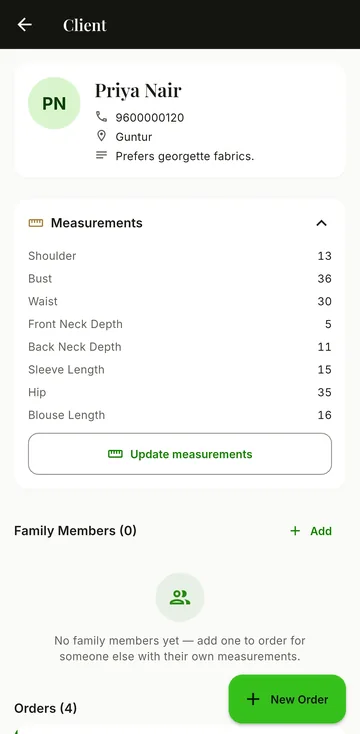 Client page with a measurements table