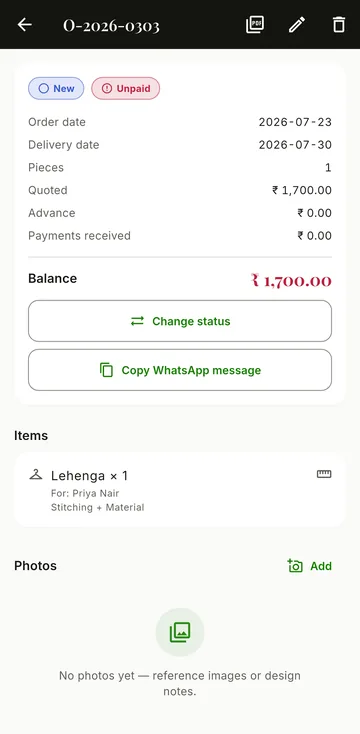 An order in Fitique showing quoted amount ₹1,700 and balance due