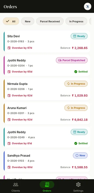 Fitique orders list with the status of each order